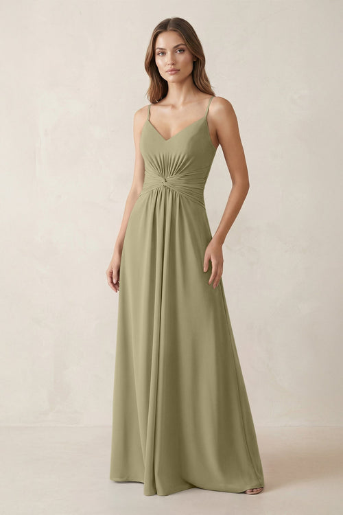 Spaghetti Strap Ruched Chiffon A - Line Bridesmaid Dress in Thyme - SHE IS ME Bridesmaid Dresses