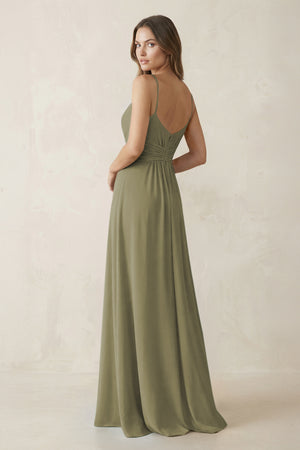 Spaghetti Strap Ruched Chiffon A-Line Bridesmaid Dress in Thyme (2) | KISSBRIDAL