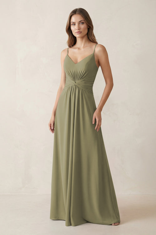Spaghetti Strap Ruched Chiffon A-Line Bridesmaid Dress in Thyme | KISSBRIDAL