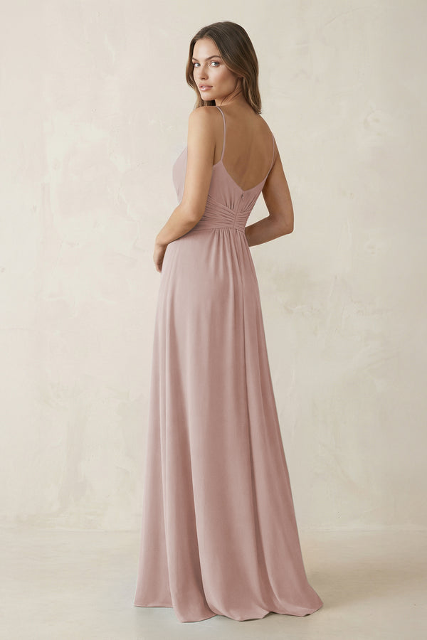 Spaghetti Strap Ruched Chiffon A-Line Bridesmaid Dress in Toffee (2) | KISSBRIDAL