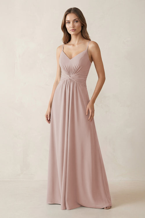 Spaghetti Strap Ruched Chiffon A-Line Bridesmaid Dress in Toffee | KISSBRIDAL