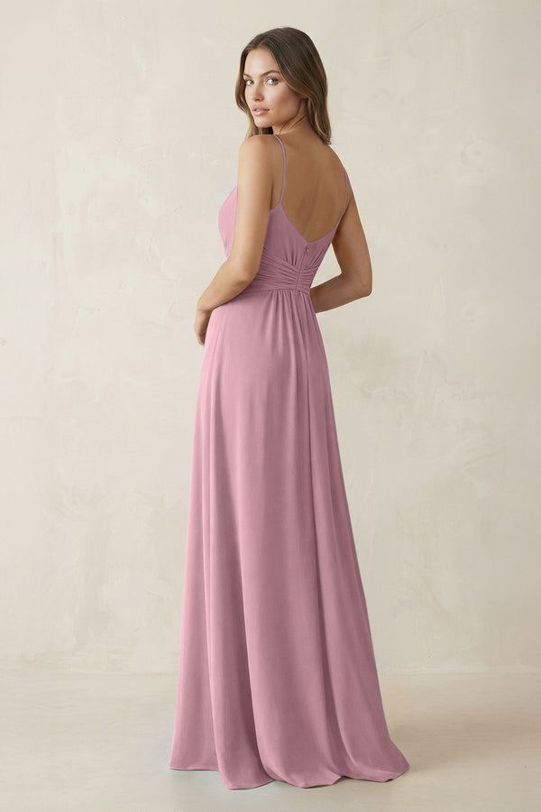 Spaghetti Strap Ruched Chiffon A-Line Bridesmaid Dress in Vintage Mauve (2) | KISSBRIDAL