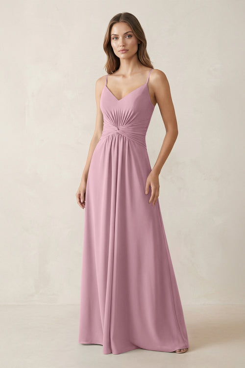 Spaghetti Strap Ruched Chiffon A-Line Bridesmaid Dress in Vintage Mauve | KISSBRIDAL