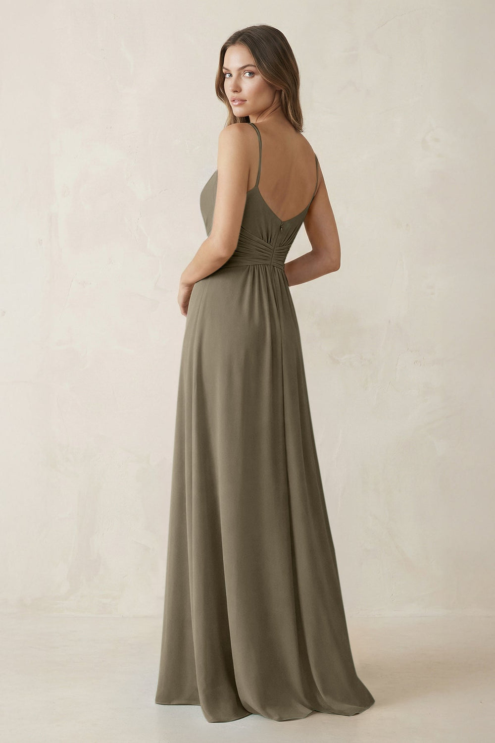 Spaghetti Strap Ruched Chiffon A - Line Bridesmaid Dress in Willow Green - KISS BRIDAL Bridesmaid Dresses