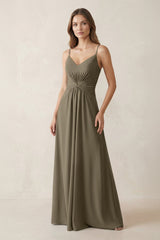 Spaghetti Strap Ruched Chiffon A - Line Bridesmaid Dress in Willow Green - KISS BRIDAL Bridesmaid Dresses