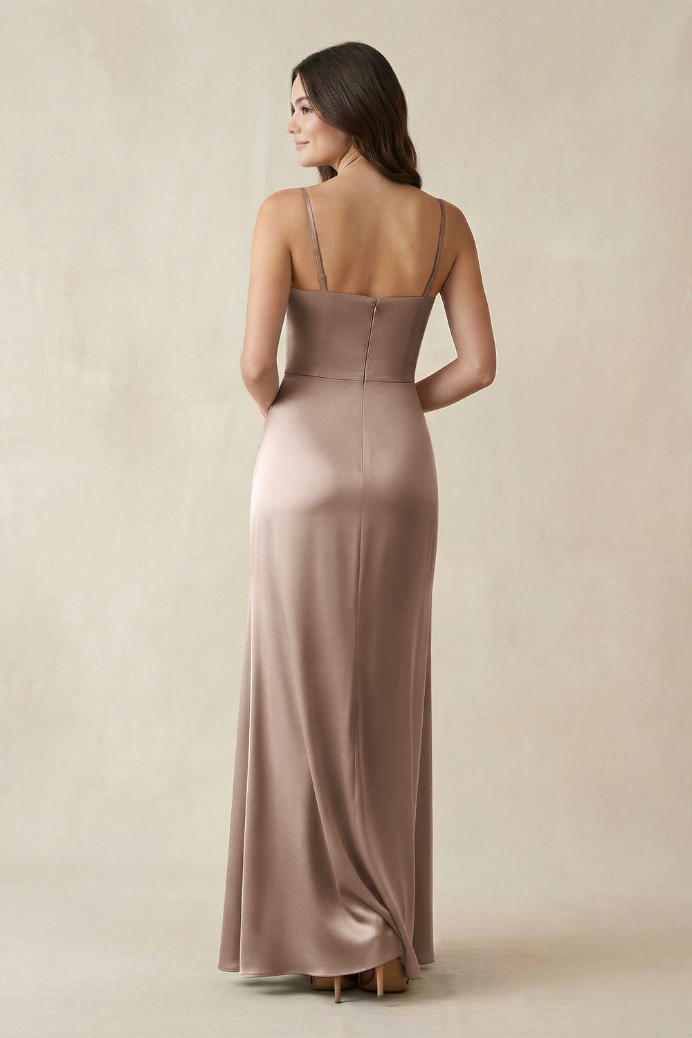Spaghetti Strap Ruched Sheath Satin Bridesmaid Dress in Almond - KISS BRIDAL Bridesmaid Dresses
