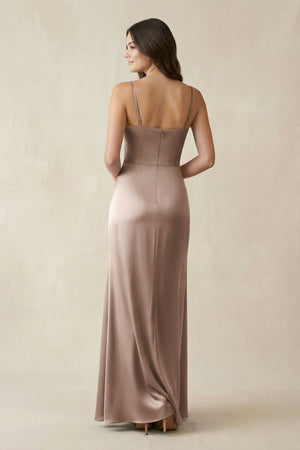 Spaghetti Strap Ruched Sheath Satin Bridesmaid Dress in Almond - KISS BRIDAL Bridesmaid Dresses