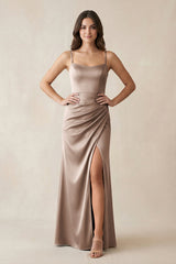 Spaghetti Strap Ruched Sheath Satin Bridesmaid Dress in Almond - KISS BRIDAL Bridesmaid Dresses