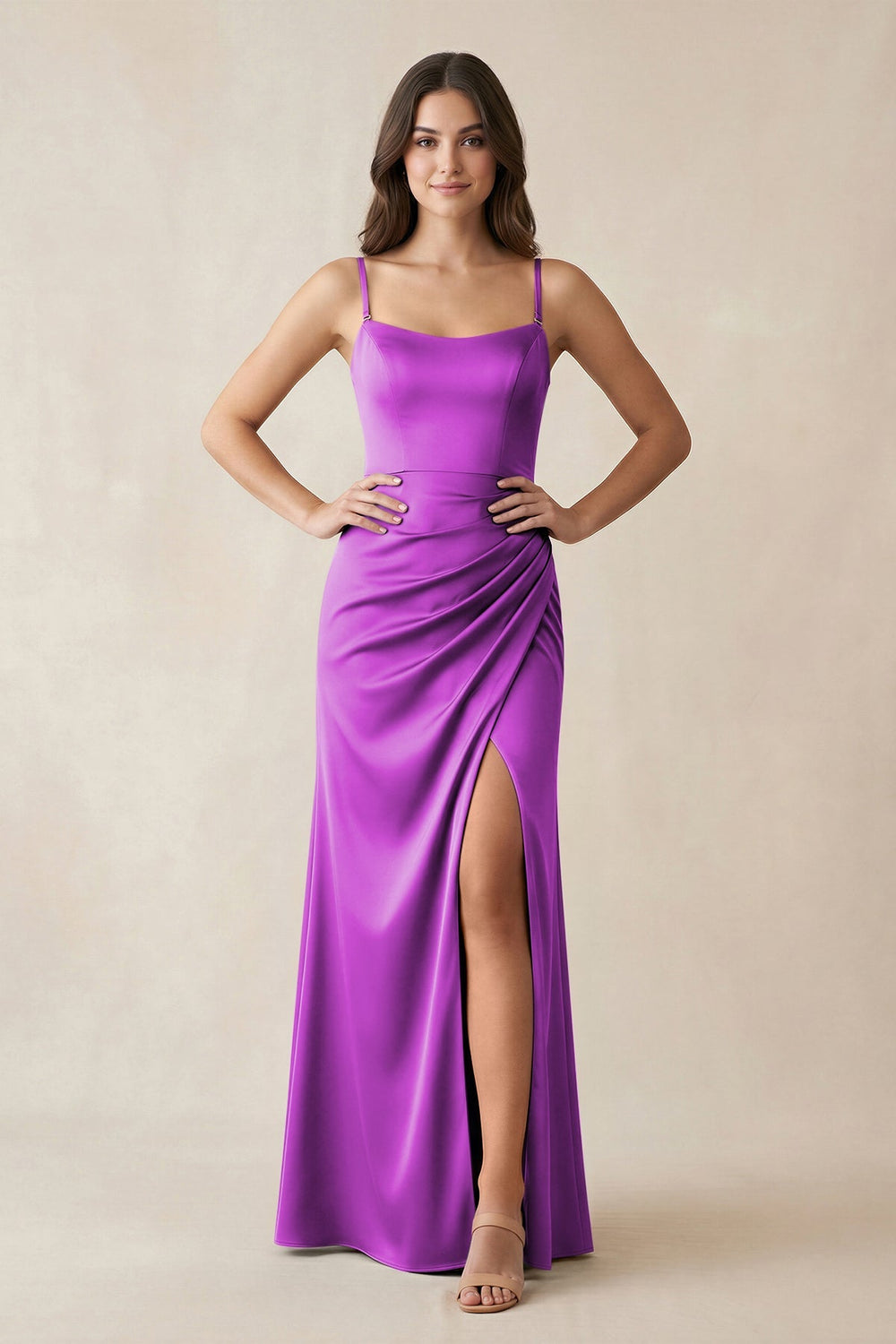 Spaghetti Strap Ruched Sheath Satin Bridesmaid Dress in Amethyst - KISS BRIDAL Bridesmaid Dresses
