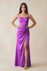 Spaghetti Strap Ruched Sheath Satin Bridesmaid Dress in Amethyst - KISS BRIDAL Bridesmaid Dresses