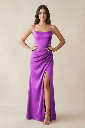 Spaghetti Strap Ruched Sheath Satin Bridesmaid Dress in Amethyst - KISS BRIDAL Bridesmaid Dresses