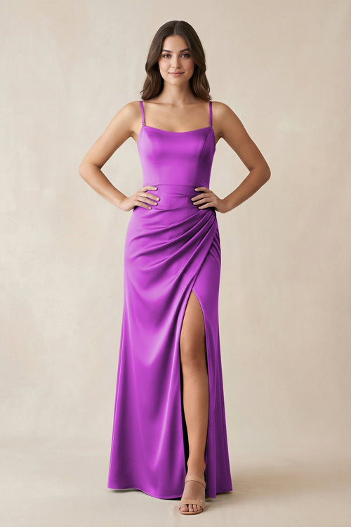 Spaghetti Strap Ruched Sheath Satin Bridesmaid Dress in Amethyst - KISS BRIDAL Bridesmaid Dresses