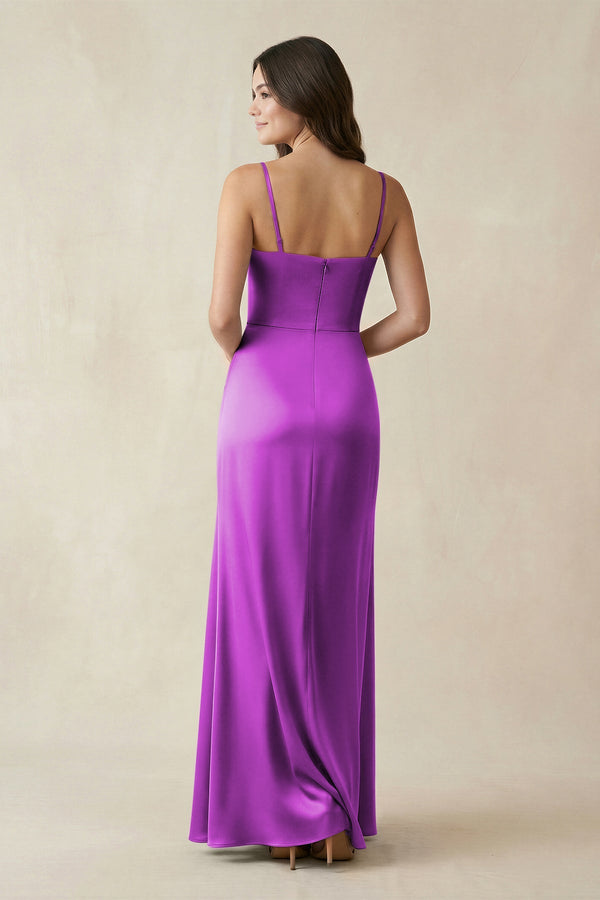Spaghetti Strap Ruched Sheath Satin Bridesmaid Dress in Amethyst - KISS BRIDAL Bridesmaid Dresses