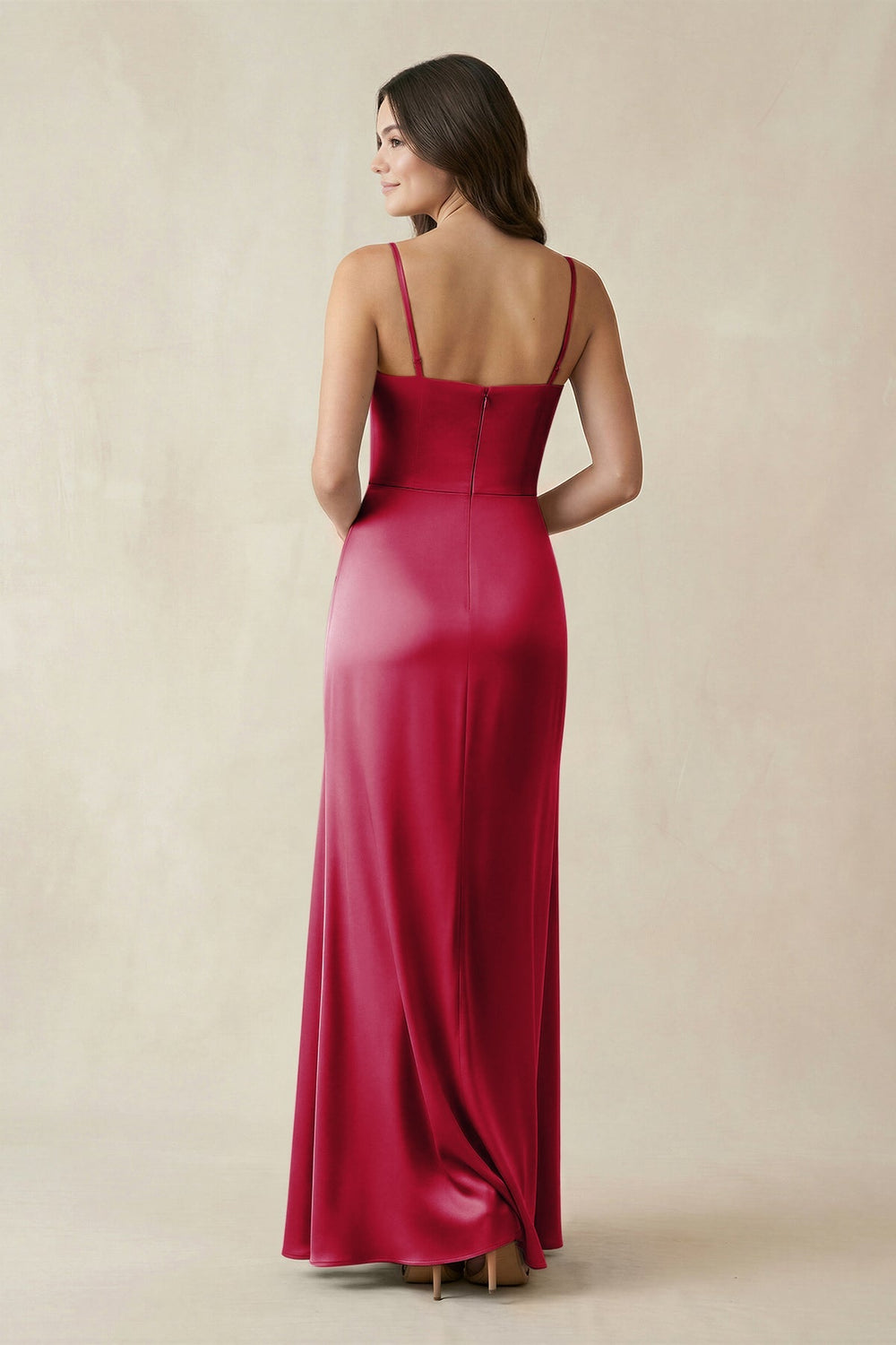 Spaghetti Strap Ruched Sheath Satin Bridesmaid Dress in Berry - KISS BRIDAL Bridesmaid Dresses