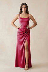 Spaghetti Strap Ruched Sheath Satin Bridesmaid Dress in Berry - KISS BRIDAL Bridesmaid Dresses