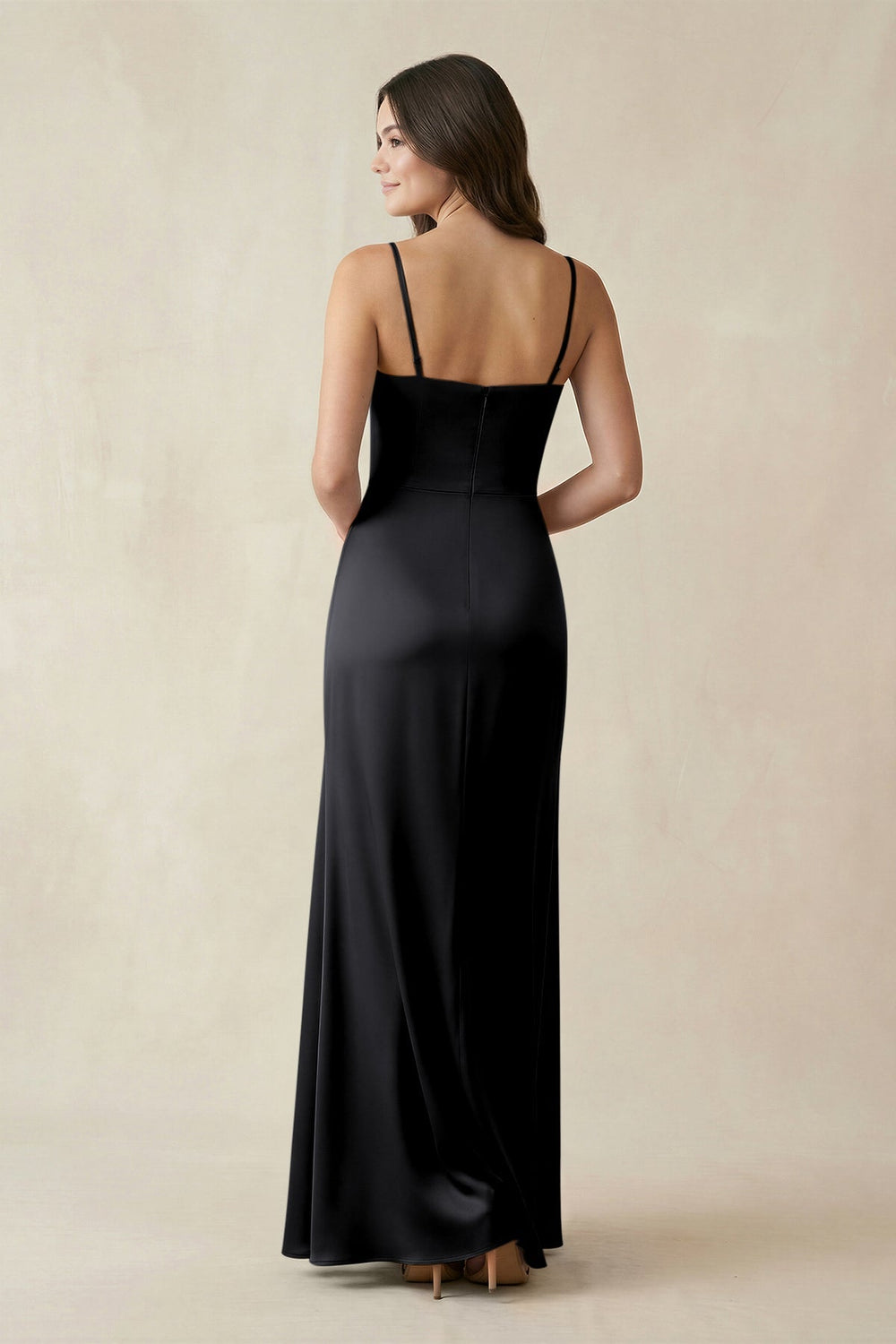Spaghetti Strap Ruched Sheath Satin Bridesmaid Dress in Black - KISS BRIDAL Bridesmaid Dresses