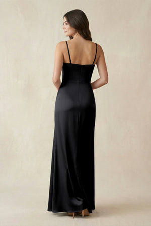 Spaghetti Strap Ruched Sheath Satin Bridesmaid Dress in Black - KISS BRIDAL Bridesmaid Dresses