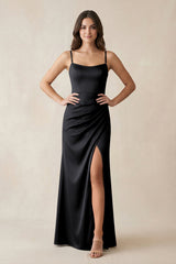 Spaghetti Strap Ruched Sheath Satin Bridesmaid Dress in Black - KISS BRIDAL Bridesmaid Dresses