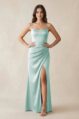 Spaghetti Strap Ruched Sheath Satin Bridesmaid Dress in Bleached Aqua - KISS BRIDAL Bridesmaid Dresses