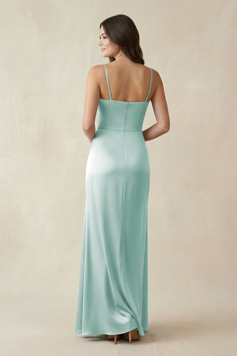 Spaghetti Strap Ruched Sheath Satin Bridesmaid Dress in Bleached Aqua - KISS BRIDAL Bridesmaid Dresses