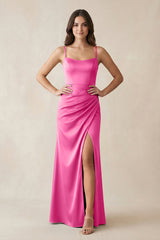 Spaghetti Strap Ruched Sheath Satin Bridesmaid Dress in Bon Bon Pink - KISS BRIDAL Bridesmaid Dresses