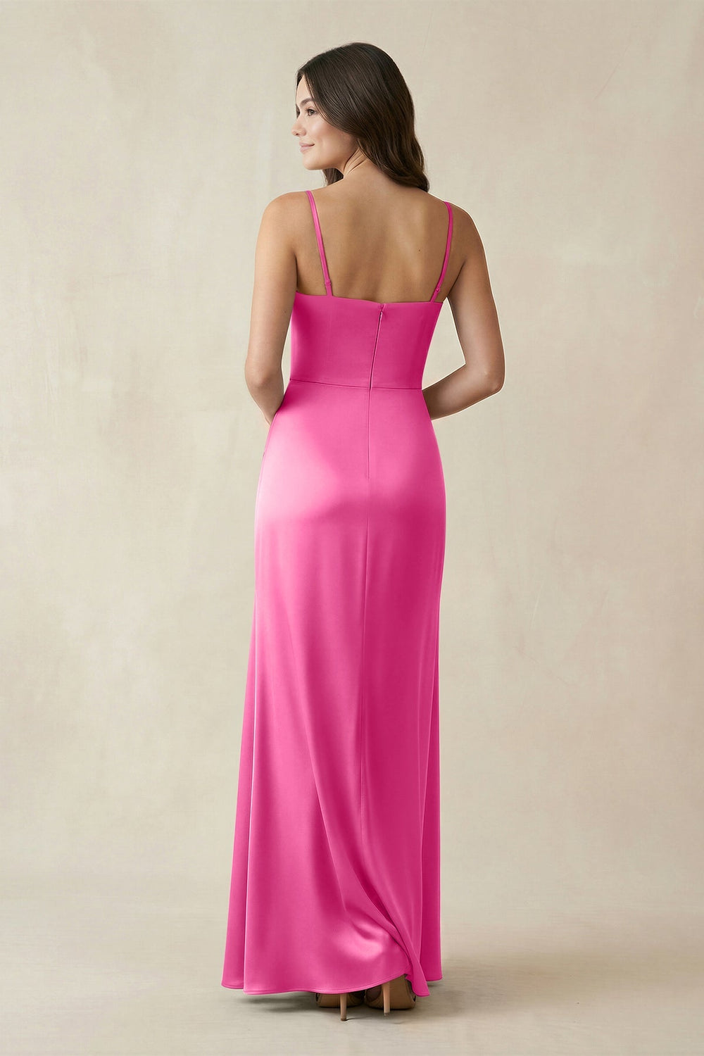 Spaghetti Strap Ruched Sheath Satin Bridesmaid Dress in Bon Bon Pink - KISS BRIDAL Bridesmaid Dresses