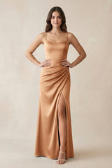 Spaghetti Strap Ruched Sheath Satin Bridesmaid Dress in Bronzer - KISS BRIDAL Bridesmaid Dresses