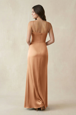 Spaghetti Strap Ruched Sheath Satin Bridesmaid Dress in Bronzer - KISS BRIDAL Bridesmaid Dresses