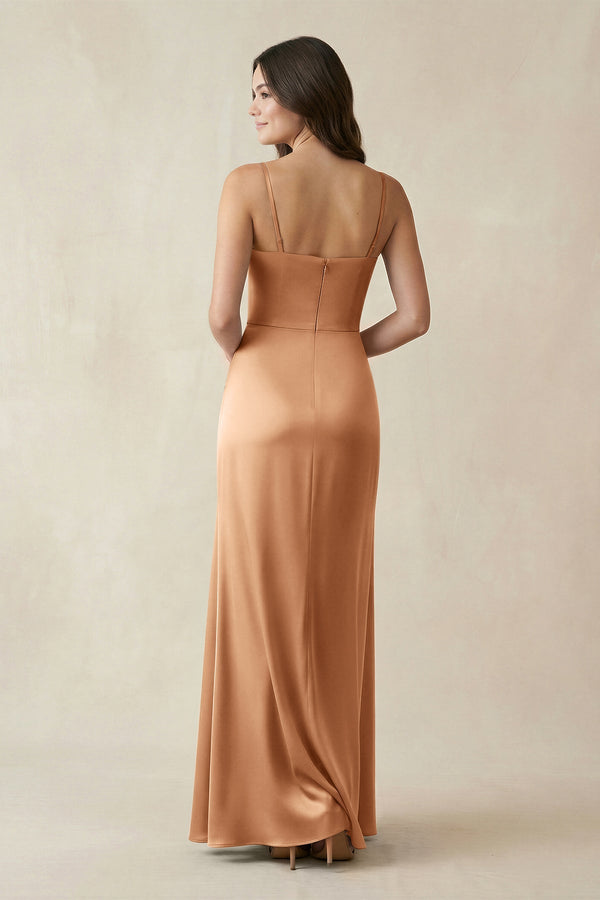 Spaghetti Strap Ruched Sheath Satin Bridesmaid Dress in Bronzer - KISS BRIDAL Bridesmaid Dresses