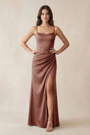Spaghetti Strap Ruched Sheath Satin Bridesmaid Dress in Brown - KISS BRIDAL Bridesmaid Dresses