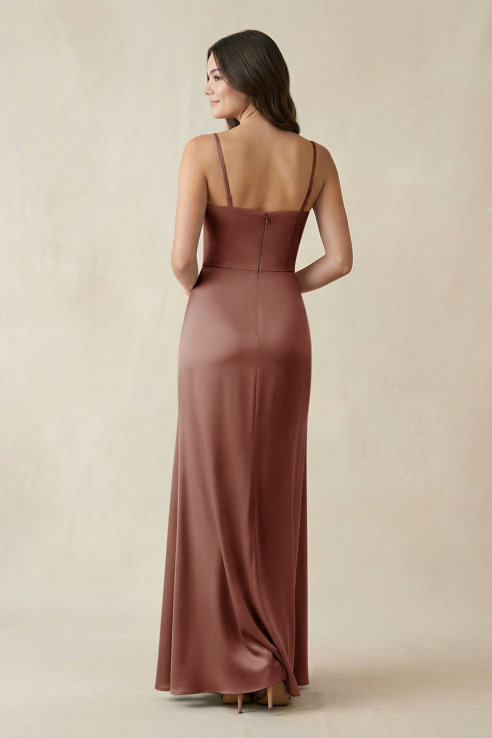 Spaghetti Strap Ruched Sheath Satin Bridesmaid Dress in Brown - KISS BRIDAL Bridesmaid Dresses