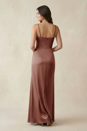 Spaghetti Strap Ruched Sheath Satin Bridesmaid Dress in Brown - KISS BRIDAL Bridesmaid Dresses