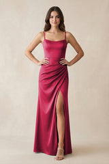 Spaghetti Strap Ruched Sheath Satin Bridesmaid Dress in Burgundy - KISS BRIDAL Bridesmaid Dresses