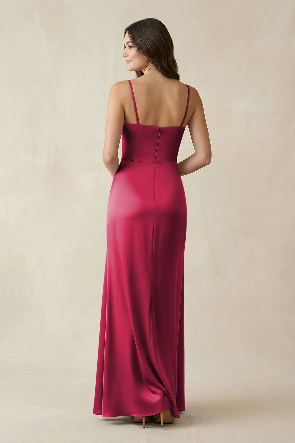 Spaghetti Strap Ruched Sheath Satin Bridesmaid Dress in Burgundy - KISS BRIDAL Bridesmaid Dresses