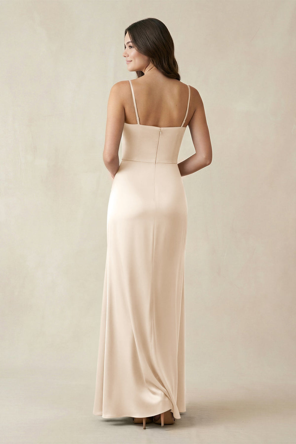 Spaghetti Strap Ruched Sheath Satin Bridesmaid Dress in Buttercream - KISS BRIDAL Bridesmaid Dresses