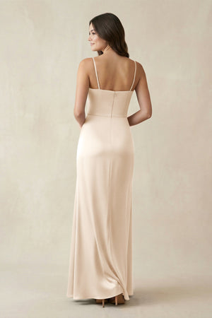 Spaghetti Strap Ruched Sheath Satin Bridesmaid Dress in Buttercream - KISS BRIDAL Bridesmaid Dresses