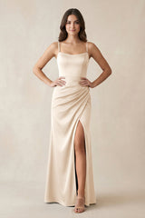 Spaghetti Strap Ruched Sheath Satin Bridesmaid Dress in Buttercream - KISS BRIDAL Bridesmaid Dresses