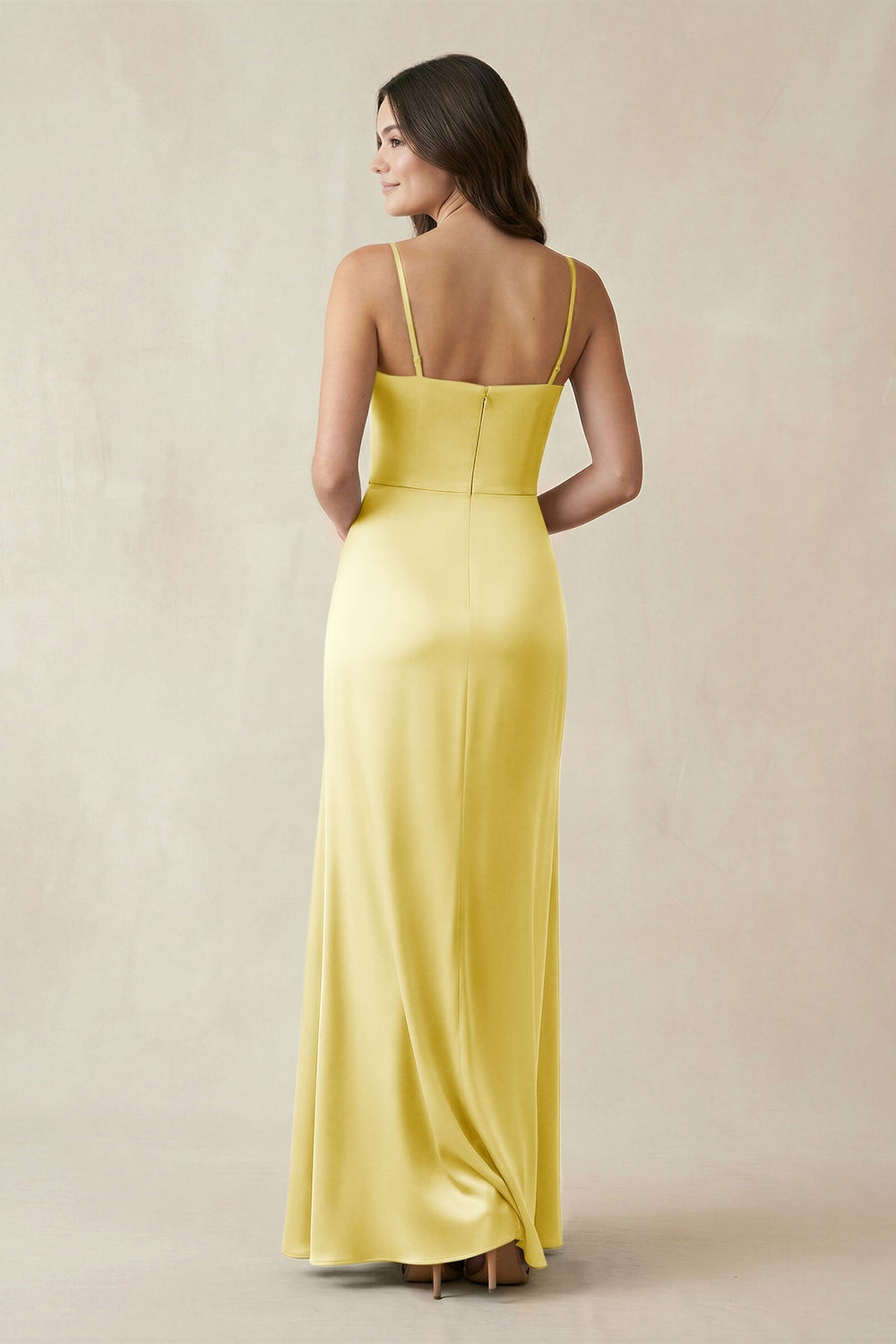 Spaghetti Strap Ruched Sheath Satin Bridesmaid Dress in Buttercup - KISS BRIDAL Bridesmaid Dresses