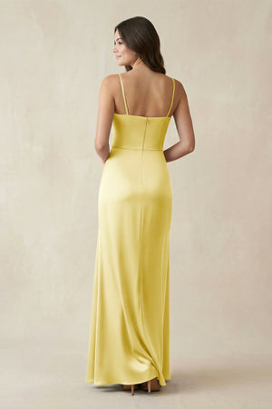 Spaghetti Strap Ruched Sheath Satin Bridesmaid Dress in Buttercup - KISS BRIDAL Bridesmaid Dresses