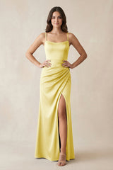 Spaghetti Strap Ruched Sheath Satin Bridesmaid Dress in Buttercup - KISS BRIDAL Bridesmaid Dresses