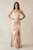 Spaghetti Strap Ruched Sheath Satin Bridesmaid Dress in Champagne - KISS BRIDAL Bridesmaid Dresses