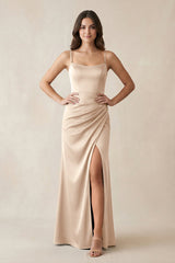 Spaghetti Strap Ruched Sheath Satin Bridesmaid Dress in Champagne - KISS BRIDAL Bridesmaid Dresses