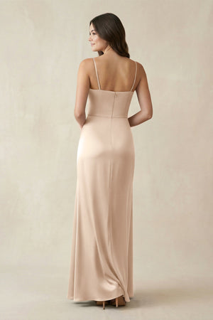Spaghetti Strap Ruched Sheath Satin Bridesmaid Dress in Champagne - KISS BRIDAL Bridesmaid Dresses