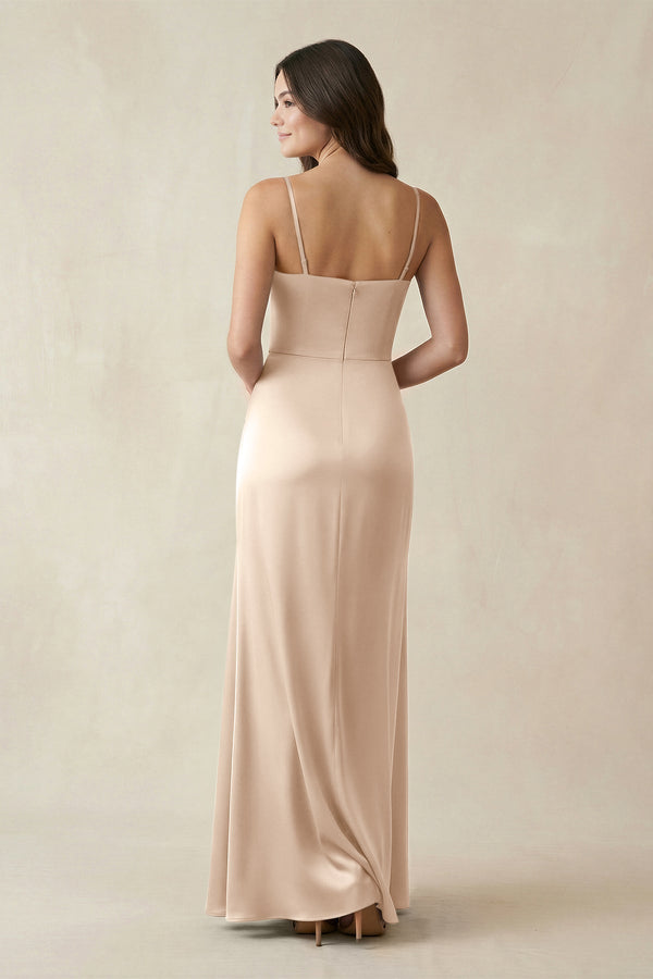 Spaghetti Strap Ruched Sheath Satin Bridesmaid Dress in Champagne - KISS BRIDAL Bridesmaid Dresses