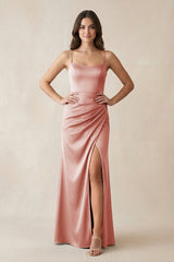 Spaghetti Strap Ruched Sheath Satin Bridesmaid Dress in Champagne Rose - KISS BRIDAL Bridesmaid Dresses