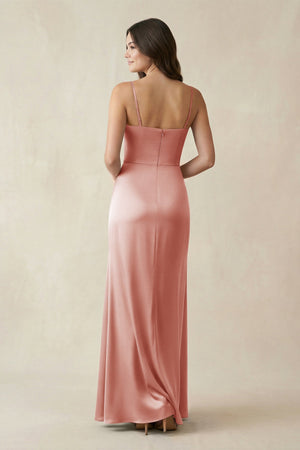 Spaghetti Strap Ruched Sheath Satin Bridesmaid Dress in Champagne Rose - KISS BRIDAL Bridesmaid Dresses