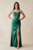 Spaghetti Strap Ruched Sheath Satin Bridesmaid Dress in Dark Green - KISS BRIDAL Bridesmaid Dresses