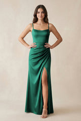 Spaghetti Strap Ruched Sheath Satin Bridesmaid Dress in Dark Green - KISS BRIDAL Bridesmaid Dresses