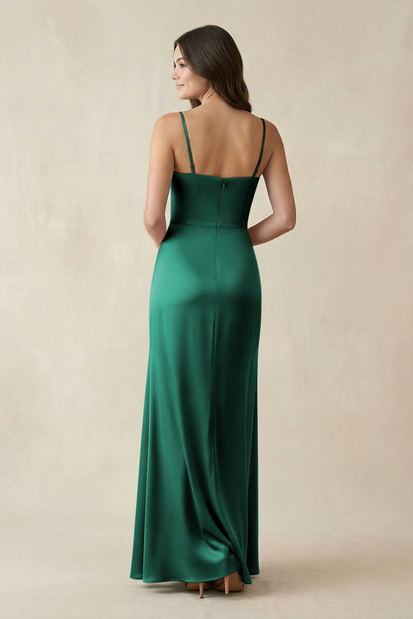 Spaghetti Strap Ruched Sheath Satin Bridesmaid Dress in Dark Green - KISS BRIDAL Bridesmaid Dresses