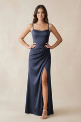 Spaghetti Strap Ruched Sheath Satin Bridesmaid Dress in Dark Navy - KISS BRIDAL Bridesmaid Dresses